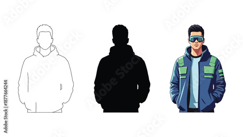 Man in blue and green jacket with goggles, showing outline and silhouette variations