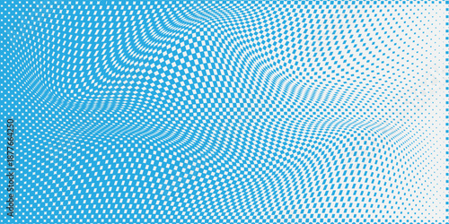 Dotted halftone gradient texture. Fading and wavy dotted background. Repeating dot gradient pattern. Fading blue comic pop art overlay background. Halftone raster effect wallpaper.