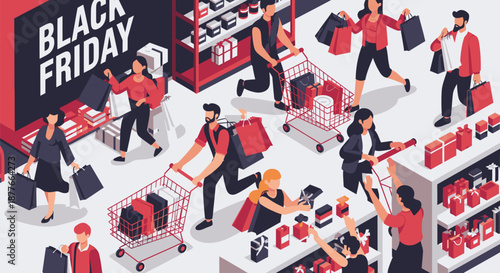 Shoppers with Bags and Carts in Store.