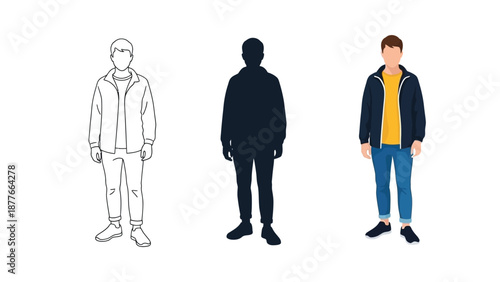 Set of three illustrations of a young man in casual clothing line art, silhouette and full color flat design