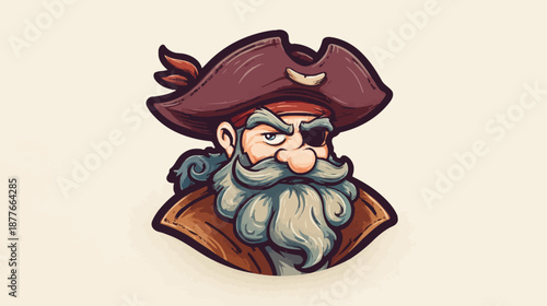 A cartoon pirate head in a brown coat with a beard, hat, and eye patch, on a cream background