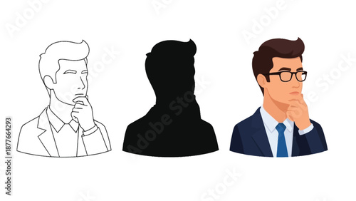 Set of three icons representing a thoughtful businessman line art, silhouette and full color illustration with glasses, hand chin, thinking pose