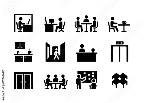 Workday Icon Set. Workday environments. Solid icon set of workday environments: cubicle icon, open office desk, meeting room icon, break area, kitchen counter,