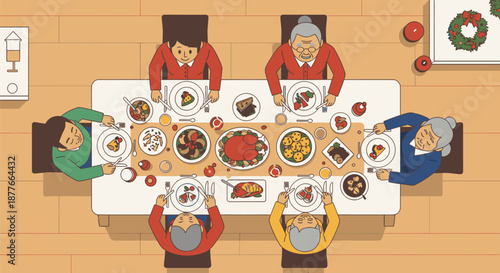 Family Gathering Around Dinner Table Eating.