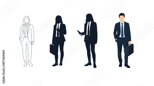 Set of business people silhouettes and outline sketch man and women in suits with briefcases, professional team concept