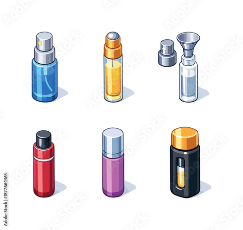 Travel Perfume Collection. Travel Size Perfume. Isometric flat vector icons set of Travel Size Perfume: mini spray bottle, rollerball perfume, refill vial