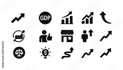 Economic Recovery Icons. Economic recovery. Solid icon set of economic recovery: upward arrow, GDP icon, growth chart, market rebound, factory restart,