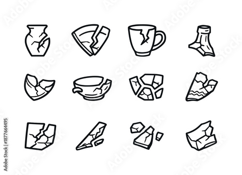 Shattered Objects Icons. Shattered objects. Line icon set of Shattered objects: broken vase shard, plate fragment, cup chip, bottle neck shard, ceramic