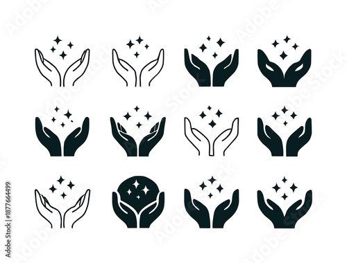 Healing Touch Icons. healing touch. Icon set. Set Logo of healing touch: cupped hands with sparkles. harmonious logo variations of the same emblematic concept,