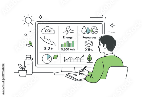 Analyzing Environmental Metrics. Environmental metrics reporting. Person reviewing carbon, energy, and resource indicators on a screen, focused and analytical