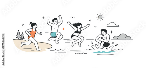 Summer Lake Joy. Summer lake fun. A group of friends running and jumping into a lake from the shore. Refreshing adventure and playful movement with minimal