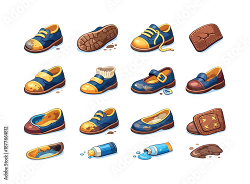 Colorful School Shoe Icons. School shoes wear. Colorful flat vector icons set of school shoes wear: scuffed shoe tip, worn sole tread, loose shoelace, cracked