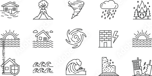 Natural disaster line icons vector set with flood earthquake storm tornado wildfire and home insurance symbols