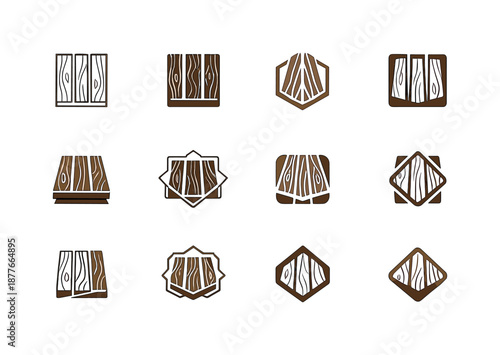 Wooden Deck Logo Variations. A wooden deck. Icon set. Set Logo of a wooden deck: deck board texture motif. harmonious logo variations of the same emblematic