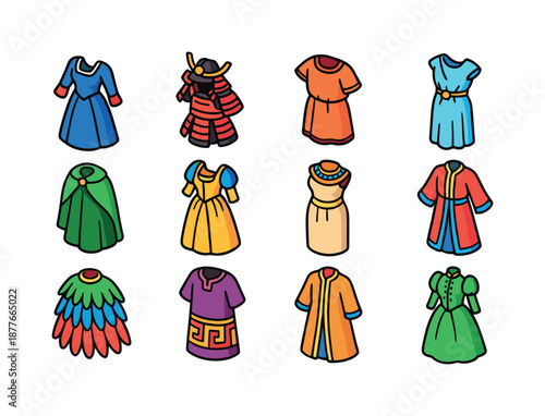 Historical Dress Icons. Historical dress. Colorful isometric vector icons set of historical dress: medieval gown, samurai armor, Roman tunic, Greek chiton,
