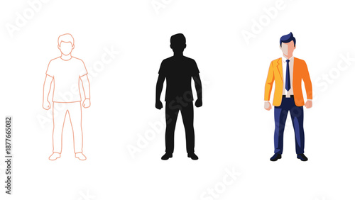 Set of three male human figures showing outline sketch, black silhouette and full color illustration of a businessman in an orange jacket and blue pants