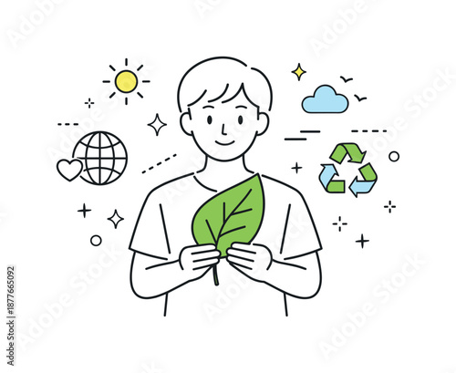 Eco Symbol Awareness. Green lifestyle awareness. Person holding a leaf or eco symbol with light abstract shapes around. Sense of responsibility and positive