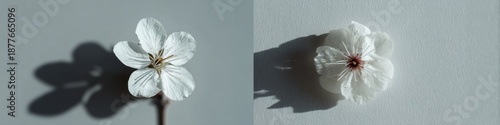 White flower with shadow on minimalist background in soft light  