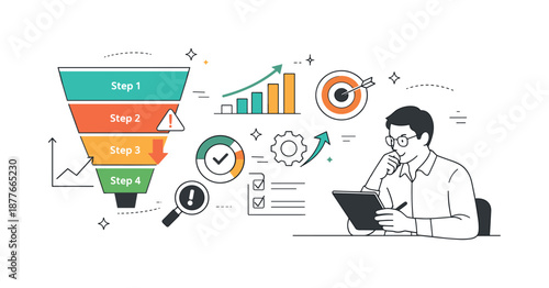 Optimizing Conversion Funnel. Conversion funnel optimization. Analyst reviewing drop-off points and progress indicators, focused and analytical mood. Charts,
