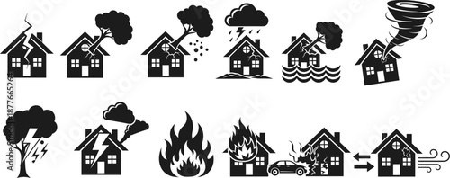Natural disaster silhouette icons vector set showing house damage from storms fire flood lightning and tornado