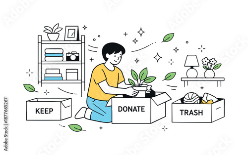 Spring Cleaning Illustration. Spring cleaning concept. A person sorting items into boxes and shelves with dust sparkles and fresh leaves around. Sense of