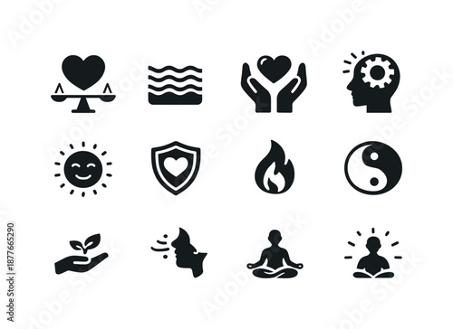 Emotional Wellness Icons. Emotional wellness. Solid icon set of Emotional wellness: balanced heart, calm waves, self-care hands, mental clarity icon, positive