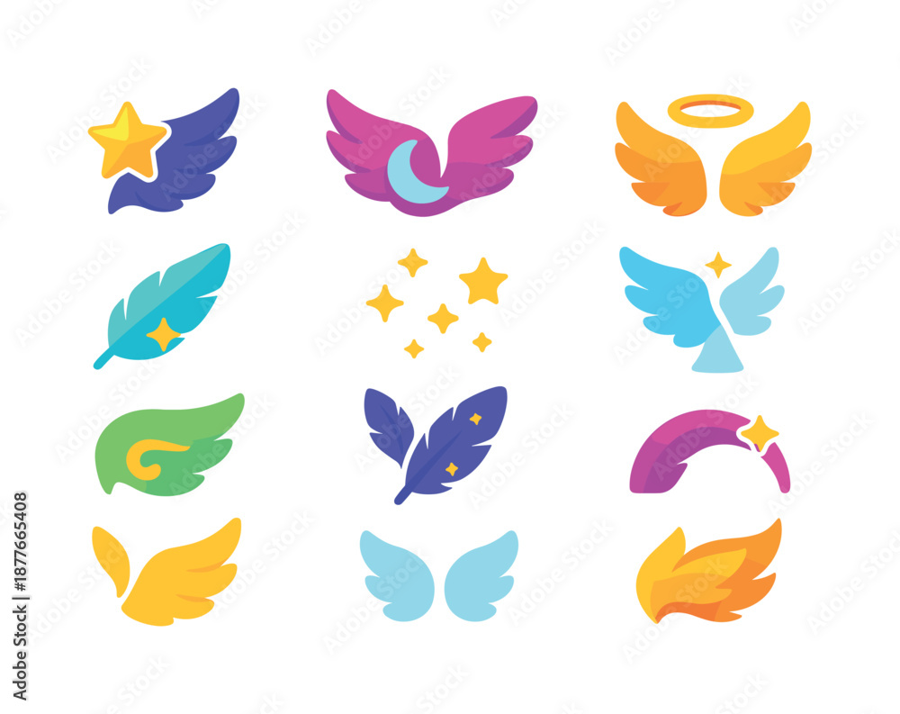Fototapeta premium Celestial Wings Icons. Celestial wings. Colorful flat vector icons set of celestial wings: star-touched wing, moonlit wing, radiant halo wing, cosmic feather,