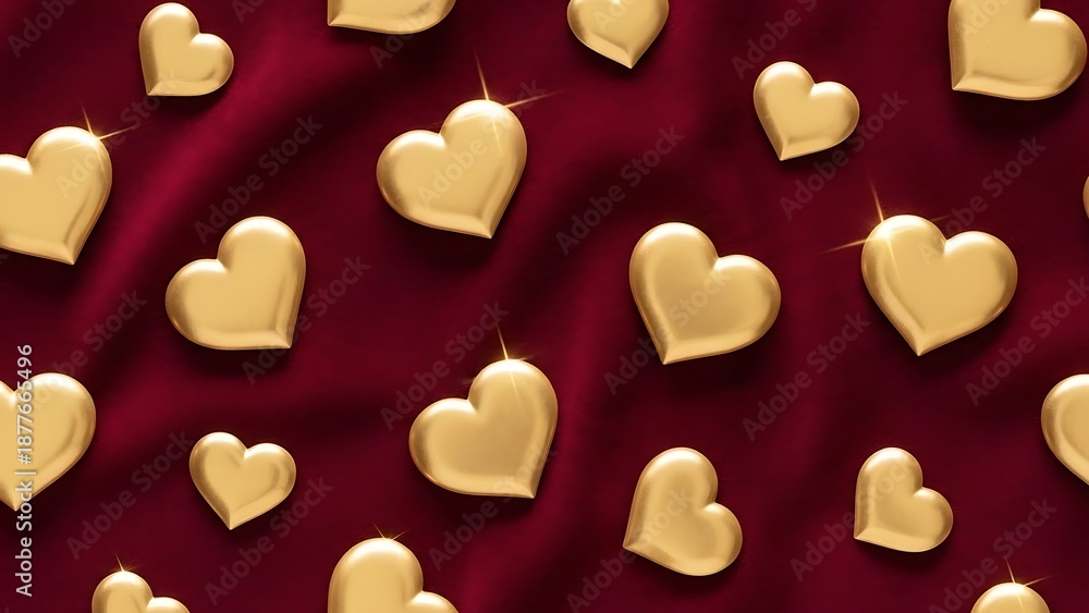 Obraz premium Golden hearts scattered on a luxurious red fabric background a romantic pattern