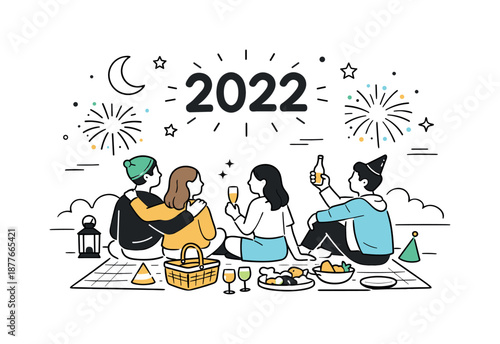 New Year Picnic. New Year?s Eve picnic with friends. Editorial scene showing togetherness, reflection and welcoming the new year in a relaxed outdoor way.