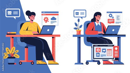 Two women working remotely laptops at desks with computer screens showing application interfaces and settings, illustration of remote work and technology
