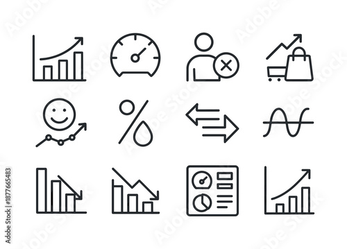 Economic Icons Grid. Economic Indicators. Line icon set of Economic Indicators: GDP chart, inflation meter, unemployment icon, consumer spending graph,
