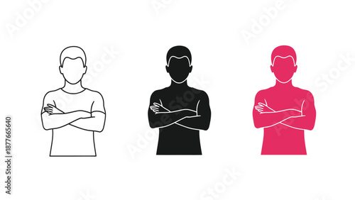 Man with arms crossed icon set three styles outline, solid black and solid color silhouette concept of refusal, disagreement, or confidence