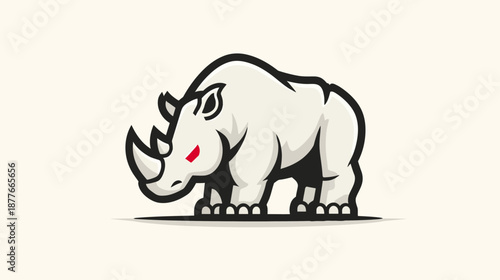 A stylized illustration of a rhinoceros with bold outlines and a red eye, set against a light background