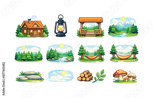 Nature Retreat Icons. Nature Retreat. Colorful flat vector icons set of Nature Retreat: cozy cabin, lantern, wooden porch, mountain backdrop, forest line,