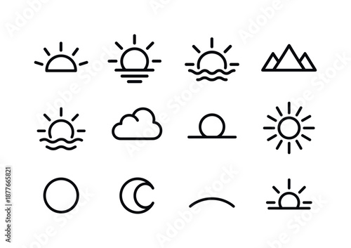 Sun Silhouette Icons. Sun silhouettes. Line icon set of Sun silhouettes: half sun, full sun, dipped sun, mountain sun, sea sun, cloudy sun, distant sun,