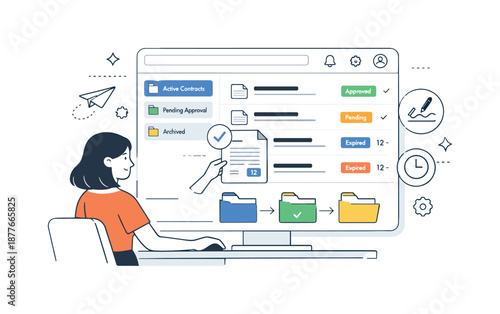 Digital Contract Dashboard. Digital contract management system. User managing contracts on a dashboard with folders and files, efficient and transparent