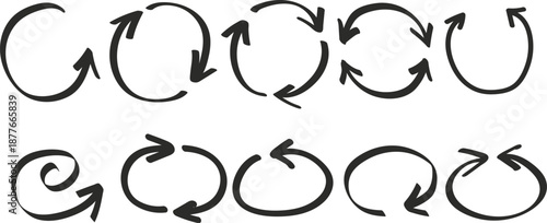 Hand drawn doodle black arrow and circular refresh cycle collection set vector