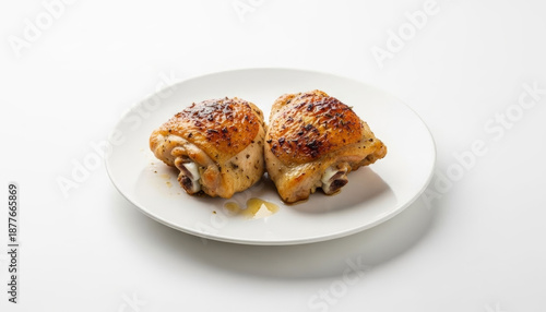Plate with baked chicken thighs served simply, isolated on transparent background