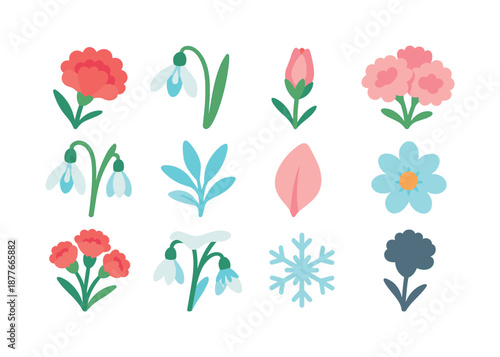 January Birth Flowers Icons. January birth flowers. Colorful flat vector icons set of January birth flowers: carnation bloom, snowdrop flower, carnation bud,
