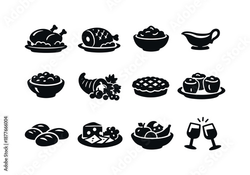 Holiday Feast Icons. Holiday feasts. Solid icon set of holiday feasts: roasted turkey, festive ham, mashed potatoes, gravy boat, cranberry sauce, cornucopia,