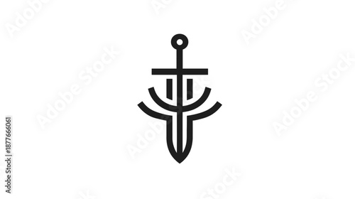 A symmetrical black and white emblem featuring a stylized sword design on a white background