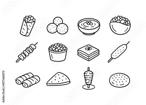 Middle Eastern Street Food Icons. Street food. Line icon set of Middle Eastern street food: shawarma wrap, falafel balls, hummus bowl, pita pocket, kebab