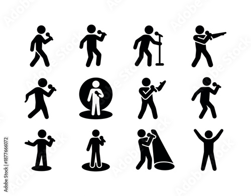 Stage Movement Icons. Stage movement. Solid icon set of Stage movement: walking singer, dancing singer, mic stand move, reaching pose, dramatic turn, spotlight
