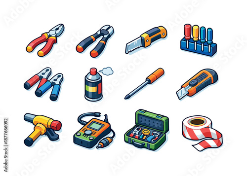 Colorful Sapper Tools Icons. Sapper tools. Colorful isometric vector icons set of sapper tools: pliers, cutters, mini saw, screwdriver set, cable clamps,