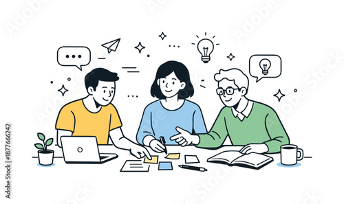 Collaborative Office Scene. Office teamwork. Colleagues working together at a shared desk, exchanging ideas and pointing at notes. Calm collaboration and