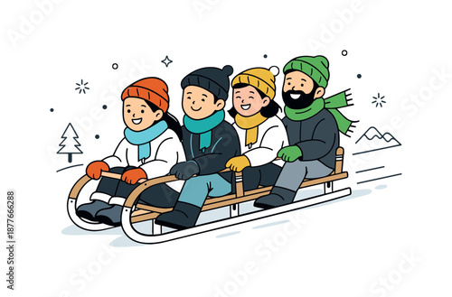 Winter Sleigh Ride. Group enjoying sleigh ride winter fun. People laughing softly while holding the sleigh rails, light excitement and friendly togetherness.