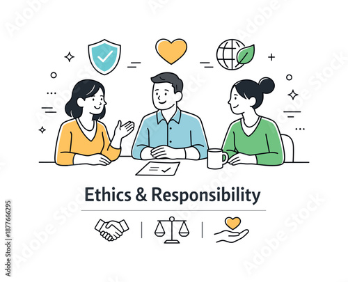 Ethical Collaboration Icons. Corporate ethics and responsibility. Colleagues aligning around shared principles, friendly discussion and mutual respect. Icons