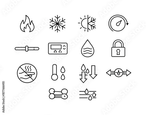 Water Temperature Icons. Water Temperature Control. Line icon set of Water Temperature Control: hot symbol, cold symbol, mix symbol, rotating dial, temperature