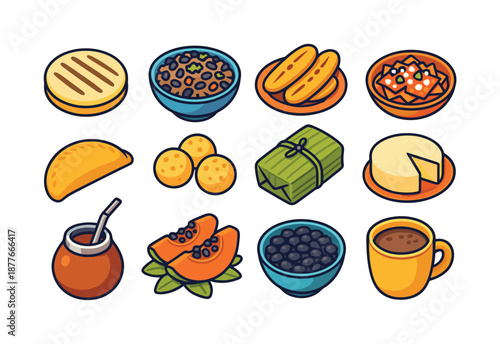 Latin Breakfast Icons. latin american breakfast. Colorful isometric vector icons set of latin american breakfast: arepa, gallo pinto bowl, fried plantains,