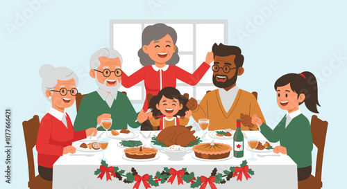 Family Gathering Around Christmas Dinner Table.